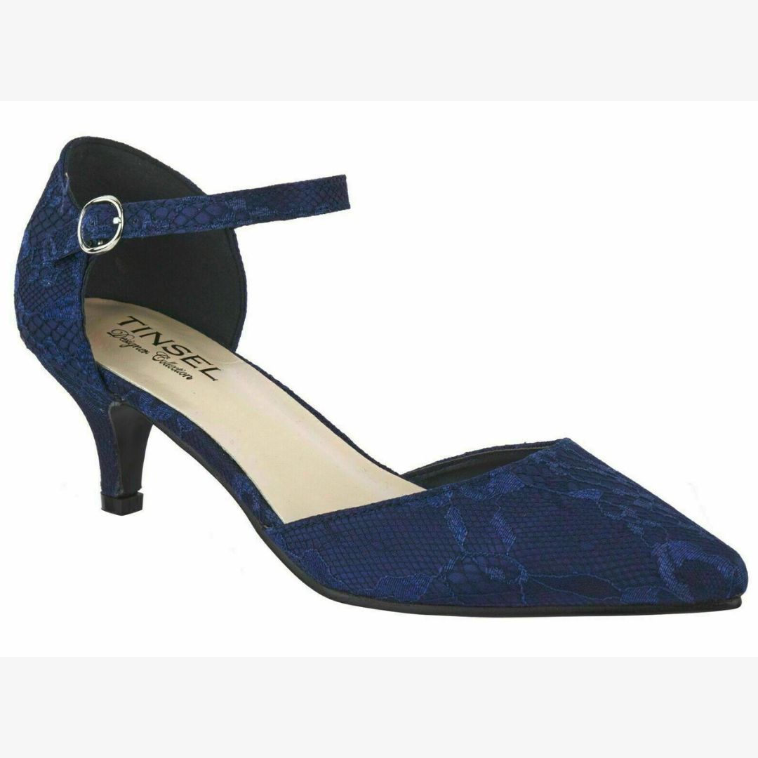 Low Heel Navy Blue Heels Uk LADIES NAVY BLUE LACE EMBELLISHE MID